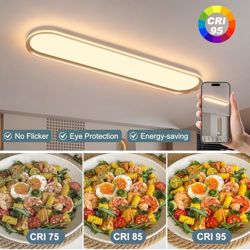 ADISUN Modern LED Ceiling Light Dimmable Linear Ceiling Light 39.4in Semi Flush Mount Long Lights with Remote Control and Side Lighting for Living Room Kitchen Dining Room, 2 Pack, Gold(65W) - color: Gold-2Pack, size: 39 Inch