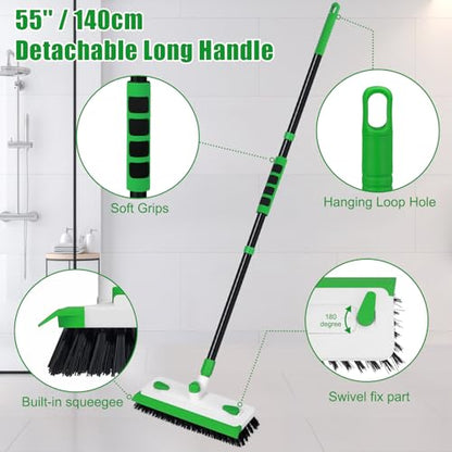 Floor Scrub Brush with Long Handle, 3-in-1 Scrape Scrubber Brush with Squeegee Stiff Bristle Deck Brush for Cleaning Tile Bathroom Patio Deck Garage Grout Kitchen