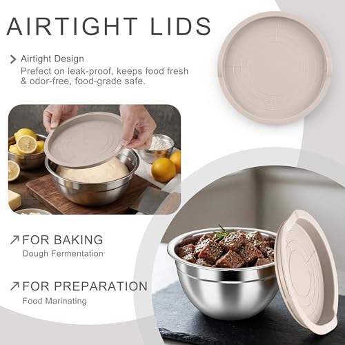 HaWare Mixing Bowls with Airtight Lids, 6-Piece Stainless Steel Salad Bowls - color: Khaki, size: Airtight Lids