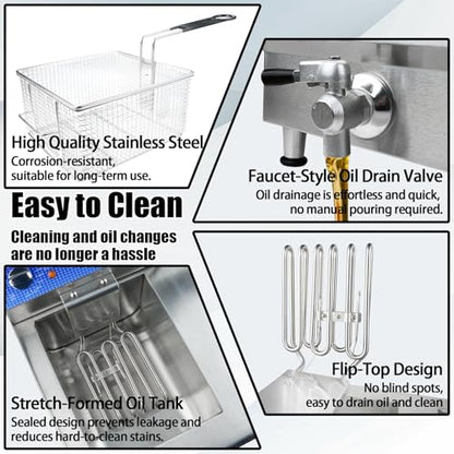 26L/27.4QT Commercial Deep Fryer with Oil Filtration and Timer