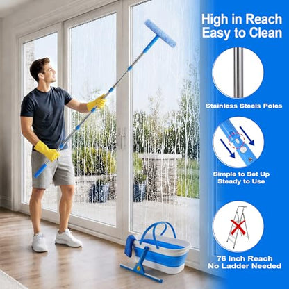 Window Cleaning Kit, Window Washing Kit with 3 Gallon Collapsible Bucket, 14-Inch Squeegee & 15-Inch Scrubber, 76-Inch Extendable Pole, Window Washing Equipment for Home & Commercial (76 inch)