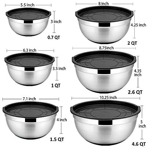 P&P CHEF Stainless Steel Mixing Bowls With Lids, Set of 6, Black - color: Black