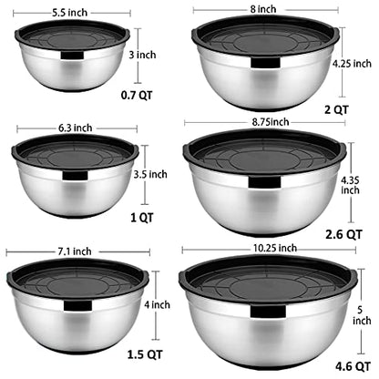 P&P CHEF Stainless Steel Mixing Bowls With Lids, Set of 6, Black - color: Black