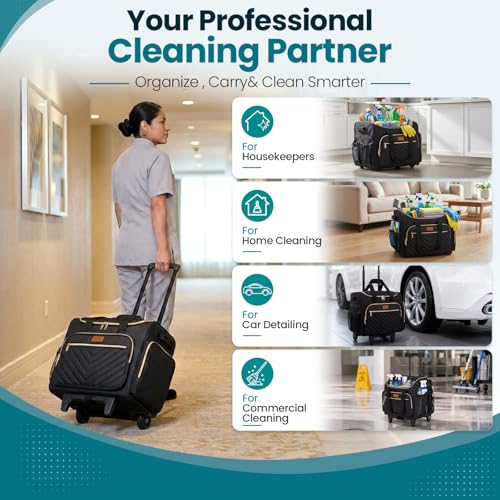 INSMEER Cleaning Caddy with Wheels,3 Removable Clear Bag and 1 Shoulder Bag