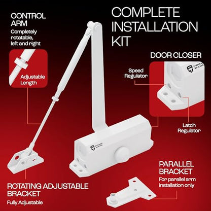 PrimeWare DC-300 Adjustable Automatic Door Closers for Home | Soft Close, No Slam | Residential and Commercial Door Closer | Level 3 | for Doors Weighing 90-140 lbs | Hydraulic Door Spring - White - size: Level 3, style: White