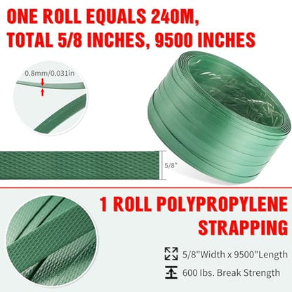 Banding Packaging Pallet Strapping Kit with Strapping Tensioner Tool,Banding Sealer Tool. 5/8″x 852′925lbs Break Strength Polyester Strapping with 100 Metal Seals for Pallets, Logistics, Warehouse - color: Green, size: S, style: Strapping Kit