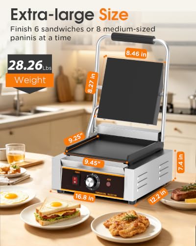 Commercial Panini Press - 1800W Electric Panini Sandwich Grill w/Nonstick Coating & Adjustable Temp, Stainless Steel, Panini Grill Press w/9"x9" Cooking Pan (Full Flat), Double-sided Heating - style: 9"x9" Smooth Plates