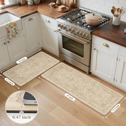 KIMODE Kitchen Mats for Floor Cushioned Anti Fatigue 2PCS Kitchen Rugs - color: Beige Tan, size: 17"x29.5"+17"x47"--0.47 inches