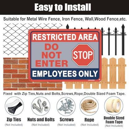2 Pack Restricted Area Sign Employees Only Stop Do Not Enter Signs,10×7 Inches Metal Sturdy Free Rust Aluminum Sign,Weatherproof,Outdoor Use,Easy to Install