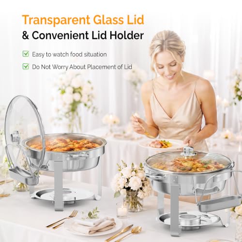 ROVSUN 5 Qt 4 Pack Chafing Dishes for Buffet, Stainless Steel Round Chafers for Catering, Buffet Servers and Warmers Set with Glass Lid & Lid Holder, Stackable Design for Wedding Party Event - size: 4 Pack