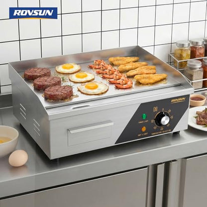ROVSUN 18" Electric Countertop Flat Top Griddle, 1500W Electric Griddle, Teppanyaki Grill Stainless Steel with Adjustable Temperature Control 122°F-572°F for Commercial Home Restaurant, Plug - size: 18"