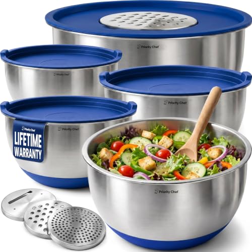 Priority Chef Stainless Steel Mixing Bowls with Lids Set, 3 Grater Attachments, Airtight Lids, Non-Slip Silicone Base Mixing Bowl Set, Large Prep Metal Mixing Bowls for Kitchen, Blue - color: Blue