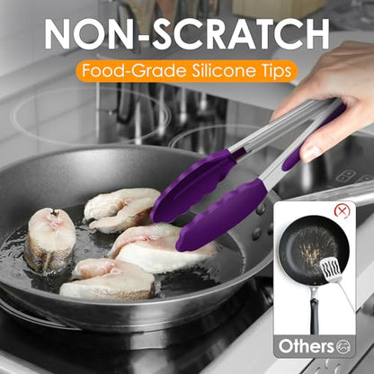 HOTEC Stainless Steel Kitchen Tongs with Silicone Tips, Set of 2-9" and 12" - color: Purple:12+9inch