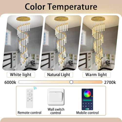 36-Light 200" High Ceiling Chandelier Long Spiral LED Dimmable Chandelier Modern Crystal Chandeliers for Staircase Foyer Entryway Living Room Gold - color: Gold, size: 36-Light