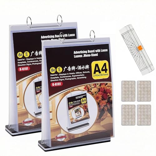 2Pcs Table Flip Menu Holder with 6 Pages Sleeve, 8.5" X 11" Tabletop Sign Signage Vertical Display Stand with Base, Suction Cups, Paper Cutter, Rotating Binders Rack, for Photo, Bar, Job Fair