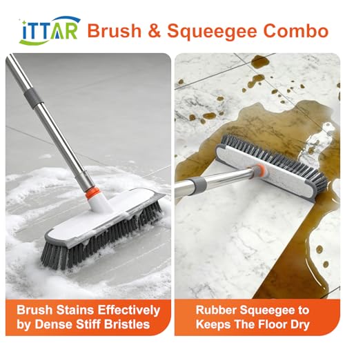 ITTAR Floor Scrub Brush with Long Handle, 12" Wide 2-in-1 Deck Brush and Squeegee with 55" Stainless Steel Pole, Heavy-Duty Stiff Bristles for Shower, Tile, Garage, Patio & Kitchen-Orange - color: Orange
