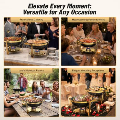 Chafing Dishes for Buffet, 4 Pack 9QT Gold Buffet Display Set, Granite-Coated Round Stainless Steel Food Warmers with Glass Lid Holder & Rolled-Edge, Stackable Storage Catering Events Supplies