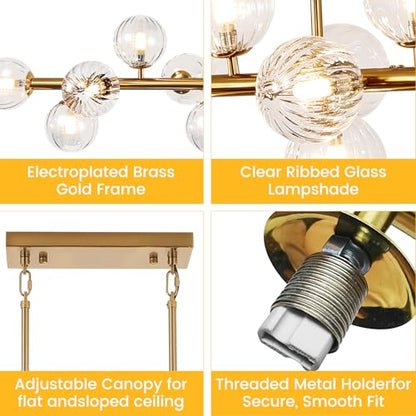 Gold Linear Large Chandelier Modern Chandelier Glass Pendant Light Fixture Adjustable for Dining Living Room Kitchen Island 22-Light 70" - color: transparent-70in