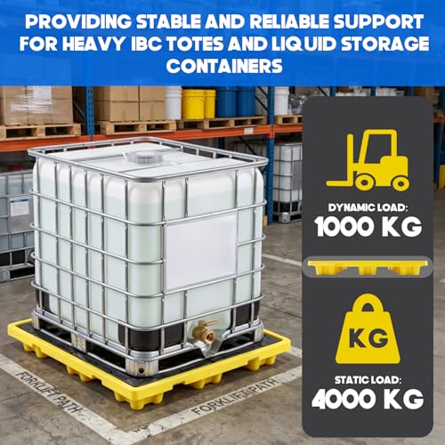 BreezeHug IBC Spill Containment Pallet with Drain, IBC Tote Secondary Containment Sump Pallet, 45 Gallon Capacity, Heavy Duty Hdpe Spill Tray 8818 Lbs Load, 51.2 x 51.2 x 6.7 Inch, Yellow