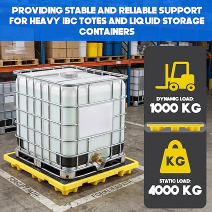BreezeHug IBC Spill Containment Pallet with Drain, IBC Tote Secondary Containment Sump Pallet, 45 Gallon Capacity, Heavy Duty Hdpe Spill Tray 8818 Lbs Load, 51.2 x 51.2 x 6.7 Inch, Yellow