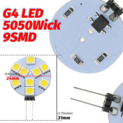 1.5W G4 LED Light Bulbs(8 Pack) Equivalent to 15W Halogen Bulb,DC 12V Dimmable,9 LEDs 5050 SMD,180 Degree Beam Angle,3000K Warm White,G4 Bi-Pin Base Ceiling Recessed Puck Light Bulb