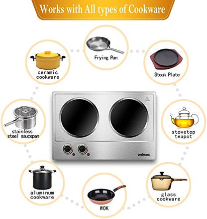 Double Burner, CUSIMAX 1800W Ceramic Electric Hot Plate for Cooking, Silver - color: Silver Bright, size: Double