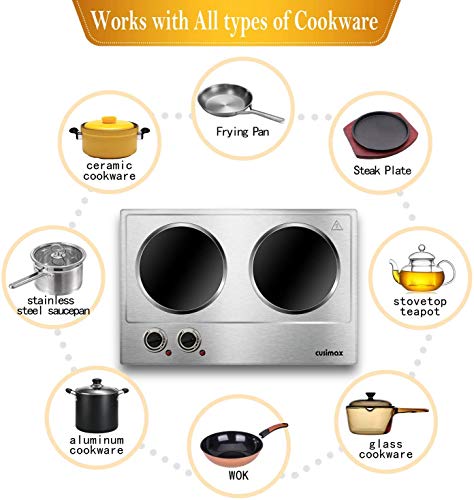 Double Burner, CUSIMAX 1800W Ceramic Electric Hot Plate for Cooking, Silver - color: Silver Bright, size: Double