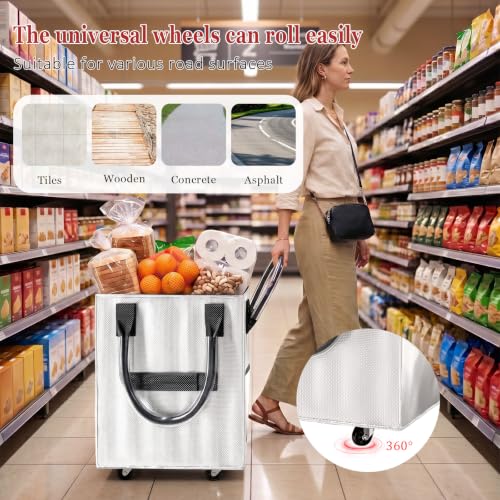 Reusable Grocery Bag on Wheel, Foldable Shopping Cart with Wheels, Can Carry up to 67 Pounds, Suitable for Groceries, Laundry, Camping and Moving. (Silver - Small) - color: Silver - Small
