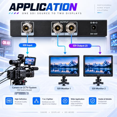 J-Tech Digital SDI Splitter | 1 Input, 2 Outputs | Supports up to 1320ft. | Compatible with SD, HD, 3G-SDI for Cameras, Monitors [JTDSDI0102] - size: 1x2
