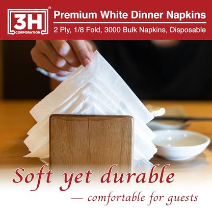 1/8 Fold White Dinner Napkins Disposable, 2-Ply 3000 Paper Napkins Bulk (20 Pack, 150/Pack), 7.1" x 4.1" Folded, Premium Servilletas for Restaurant, Catering & Everyday Lunch Refill - size: 3000 Ct 1/8-Fold