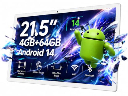 21.5 Inch Android Digital Signage Display, RK3576 Octa-Core, Android 14 Touch Screen Tablet, 4GB RAM 64GB ROM, FHD IPS 10-Point Touchscreen, WiFi 6, Bluetooth 5.4, VESA Wall Mount, POE (White)