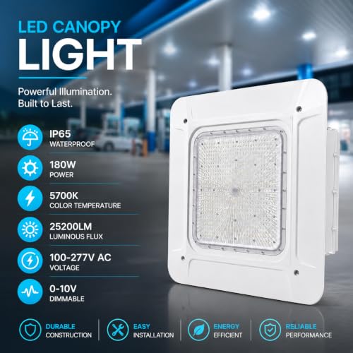 180W LED Canopy Light, 25200 Lumens, 5700K Daylight, 0-10V Dimmable, 600W Metal Halide Replacement, 120-277V, IP65 Waterproof, UL DLC 5.1, Commercial Gas Station Parking Garage Light - size: 180W