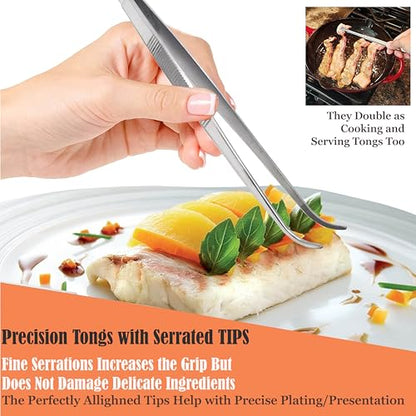 Professional Culinary Stainless Steel Precision Tongs with Serrated Tips, Plating/Food Presentation Detailing Serving Tongs, Chef's Kitchen Tweezer Tongs - Ultra Non-Slip Grip (8 Inch Curved) - size: 8" Curved