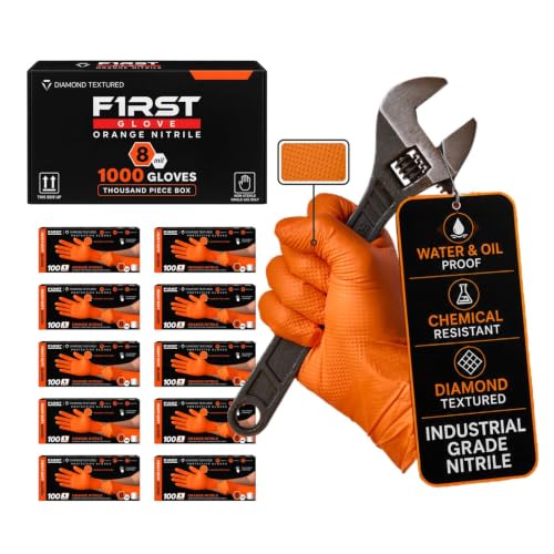 First Glove 8 Mil Heavy Duty Nitrile Gloves - Diamond Grip - Disposable Gloves for Mechanic, Automotive & Industrial Work - size: Medium