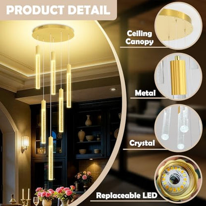 Luxury 6 Light Modern Crystal Pendant Light - 71" High Ceiling Gold LED Dimmable Pendant Light for Bedside Island Kitchen Living Room - color: Gold, size: 6-Light
