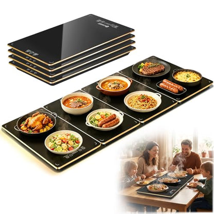 Electric Warming Tray for Buffet Party - 4 Panels Electric Glass Top Heating Plate, 8 Level Temp Control Easy Clean Surface Overheat Protection and Timer: for Busy Hosts Party Dinners and Holiday Meal - color: 4-Black