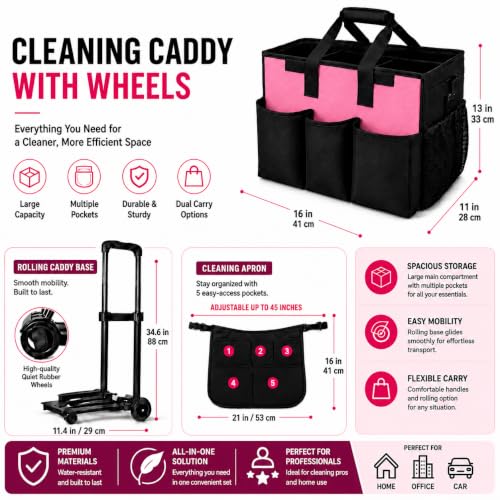 Cleaning Caddy with Wheels and Cleaning Apron, Built-in Hard Support Board - color: Pink