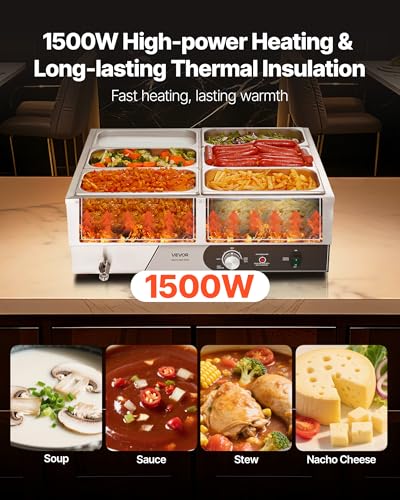 VEVOR Commercial Food Warmer, 1500W Electric Stainless Steel Steam Food Warming with Lid, Fast Heating Countertop Buffet Bain Marie with Six 1/3 Size Food Pans, for Catering, Restaurant and Party - size: 6*1/3Pan;15CM Depth