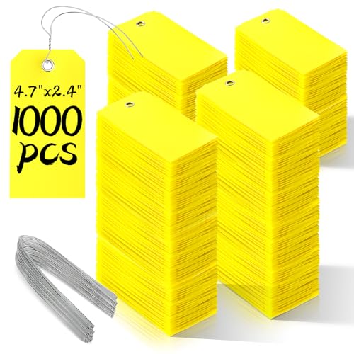 1000 Pieces Plastic Shipping Tags with wire Labeling Tags Waterproof Hang Tags with Reinforcement Hole Writable Luggage tag Loops for Equipment Inventory Parts Garage Storage (Yellow, 4 3/4" x 2 3/8") - color: Yellow