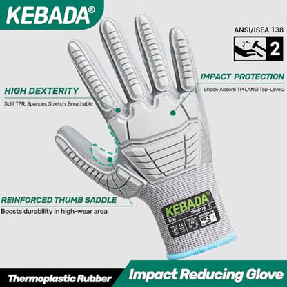Kebada Impact Protection Gloves, ANSI A2 Cut Resistant, 1/3 Pairs - color: Grey (1 Pair), size: XXXS