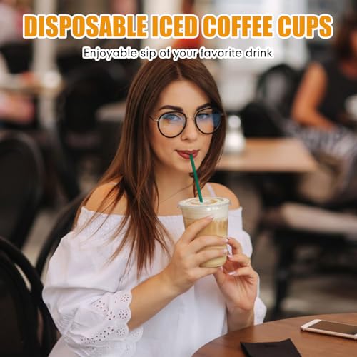 Ziliny 50 Pack 16 oz Plastic Cups with Lids Straws Iced Coffee, Green - color: Green, size: 16 oz