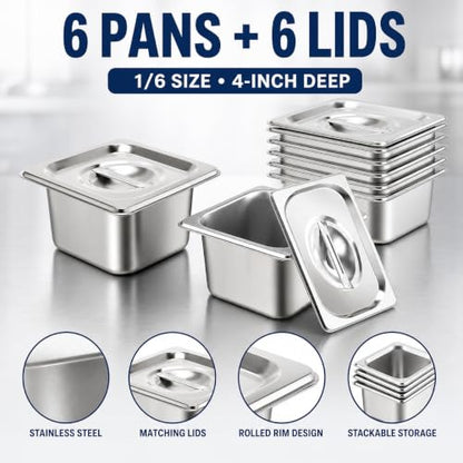 6 Pack Stainless Steel Hotel Pans with Lids, 1/6 Size 4 Inch Deep Steam Table Food Pans for Catering, Buffet and Food Prep - color: 1/6, size: 4inch