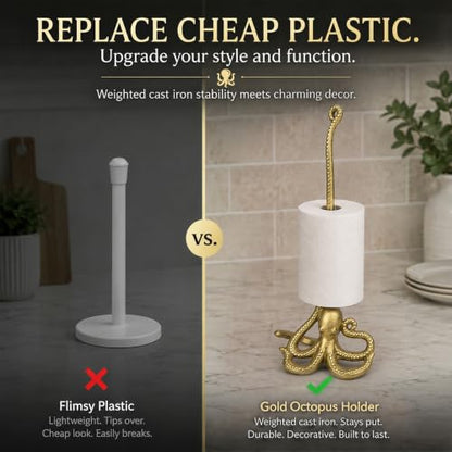 WallCharmers Gold Octopus Paper Towel Holder & Metal Toilet Paper Stand - color: Gold Octopus