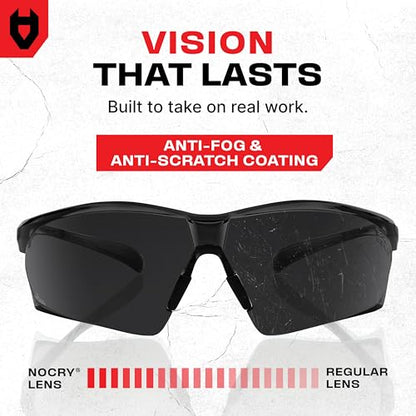 NoCry Anti-Fog Safety Sunglasses for Men with Scratch Resistant Lenses — Tinted Safety Glasses for Construction with 100% UV Protection — ANSI Z87.1 Work Sunglasses with Adjustable Temples & Nose Pad - color: Black & Black