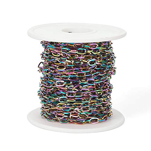 Craftdady 32.8 Feet Stainless Steel Cable Chain Link Multi-Color Unwelded Flat Oval Cross Chain 6.5x3.5mm with Spool for Jewelry Pendant Necklace Bracelet Making - color: Multi-Colors, 10 Meters, 6.5x3.5mm