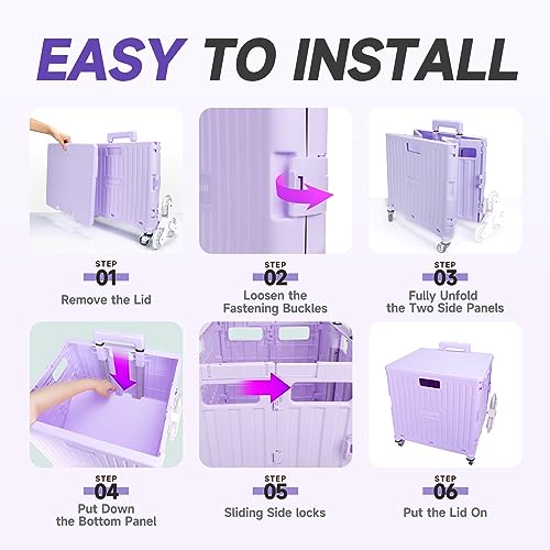Rolling Crate with Stair Climbing Wheels, Foldable Utility Cart with Detachable Lid & Telescoping Handle, Portable Rolling Cart Tote Basket for Teacher Upstairs Grocery Shopping