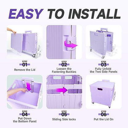 Rolling Crate with Stair Climbing Wheels, Foldable Utility Cart with Detachable Lid & Telescoping Handle, Portable Rolling Cart Tote Basket for Teacher Upstairs Grocery Shopping