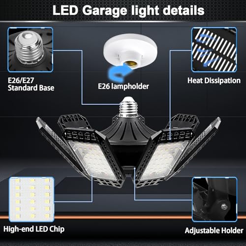 AUDLES 2 Pack LED Garage Light, 240W 24000LM 6500K LED Shop Lights, Garage Lights Ceiling Led with 7+1 Deformable Panels, E26/E27 Bulb Socket Lighting for Shop, High Bay, Attic, Basement, Warehouse - size: 240W-2PACK
