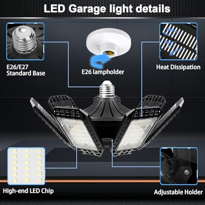 AUDLES 4 Pack LED Garage Light, 240W 24000LM 6500K LED Shop Lights, Garage Lights Ceiling Led with 7+1 Deformable Panels, E26/E27 Bulb Socket Lighting for Shop, High Bay, Attic, Basement, Warehouse - size: 240W-4PACK