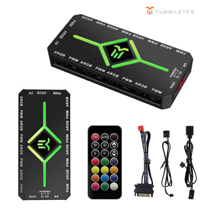 ARGB Fan HUB 5V-3Pin LED Hub 4 Pin PWM Chassis Fan Controller RF Remote (J-09（Black）) - color: black